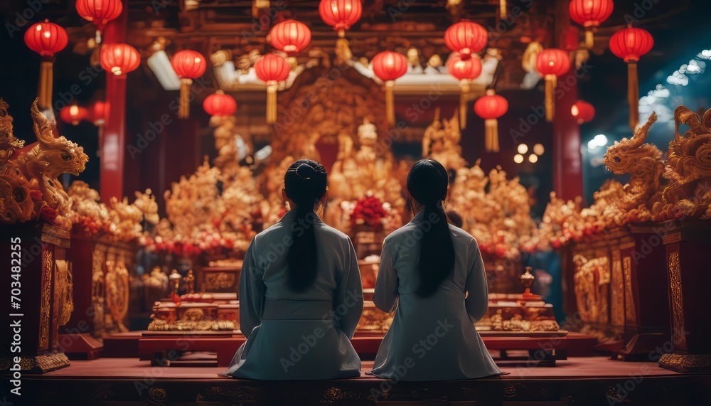 Chinese new year devotees praying at ornate temple altar, capturing spiritual essence.