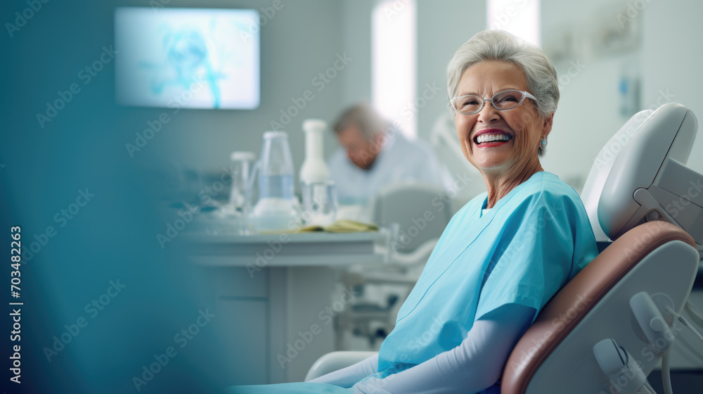 Obraz premium Elderly female patient with white hair, smiles happily while sitting in a dental chair