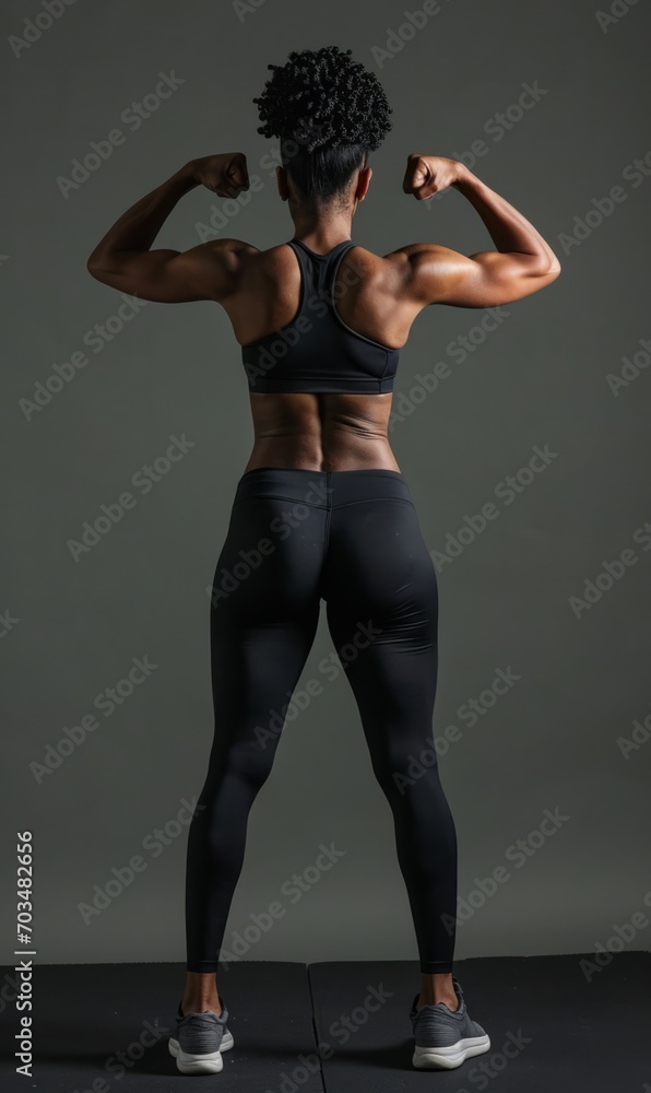 A full body of a muscular woman in a fitness pose, highlighting her well-defined muscles and fitness dedication.