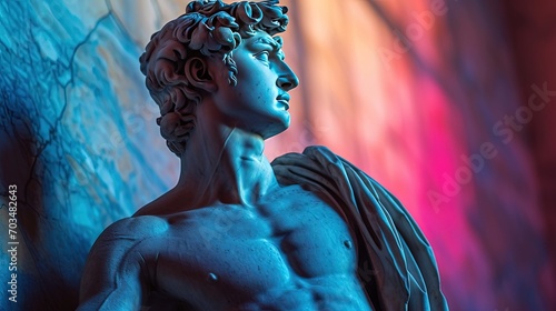 Abstract beautiful muscular stoic person, stone statue sculpture with ancient greek, roman david vibes. Neoclassical impression with beautiful emotion portraying stoicism and philosophy. photo