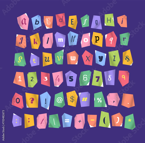 Vector cutout alphabet anonymous ransom note font set. Cutout letters, numbers, ampersand symbols, punctuation marks. Clipping alphabet. Torn letters in different fonts and colors