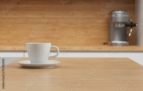 White Ceramic 3D Rendered Coffee Cup On Small Plate In Kitchen