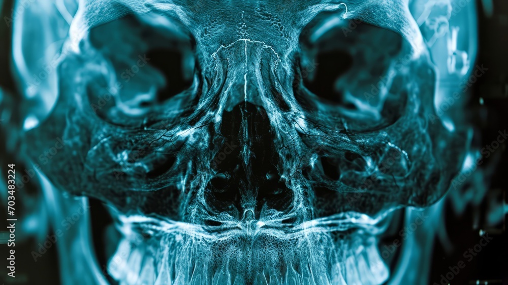 X-ray image of a human skull, highlighting the intricate bone structure. X-ray image of a human skull, highlighting the intricate bone structure.
