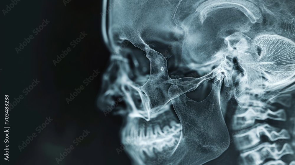 X-ray image of a human skull, highlighting the intricate bone structure. X-ray image of a human skull, highlighting the intricate bone structure.