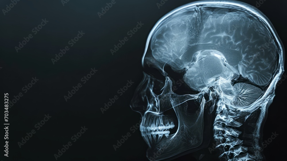 X-ray image of a human skull, highlighting the intricate bone structure. X-ray image of a human skull, highlighting the intricate bone structure.