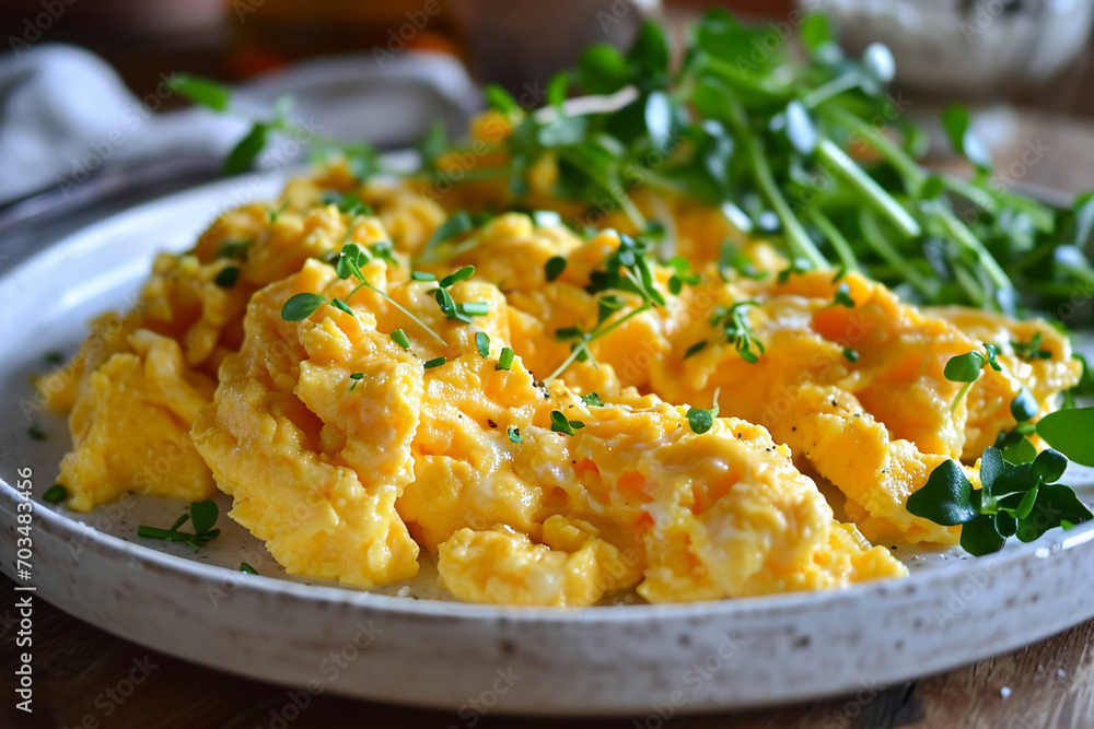 tasty scrambled eggs with herbs for breakfast on a plate, close up tasty scrambled eggs with herbs for breakfast on a plate, close up