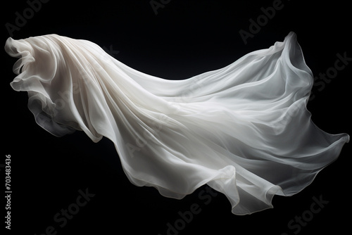 Graphic resources. Beautiful flying or levitating in air white fabric on black background with copy space photo
