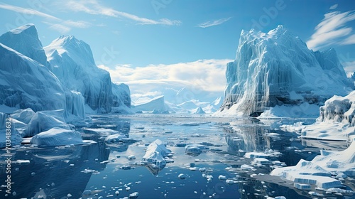 Ice Icebergs And Snow Covered Rocks Against The Sea Created, Melting glacier against the backdrop of mountains