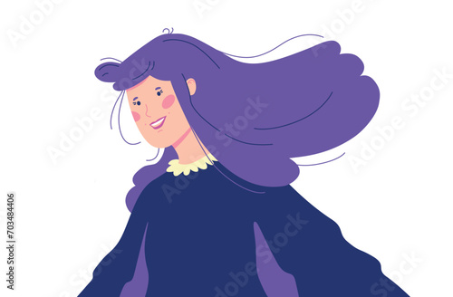 Cute girl with blue hair in a witch costume for Halloween. Smilling girl in dark blue dress. Cartoon flat vector illustration isolated on white background. 