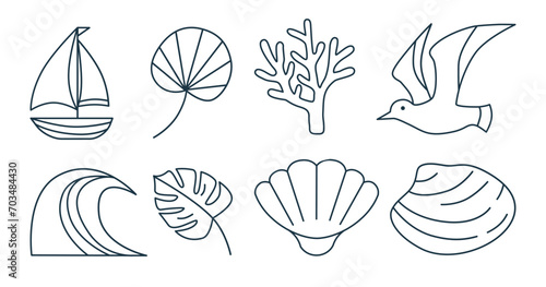 Outline objects for vacation trip, summer holiday near ocean and nature isolated on white background. 