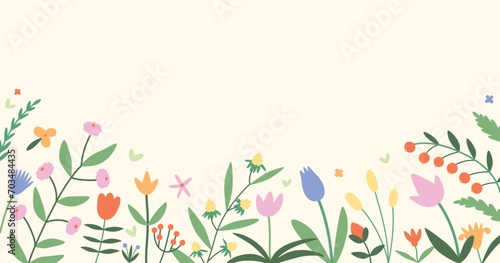 Floral border, botanical background. Blossomed nature banner. Spring and summer blooming plants, beautiful flora decoration, buds and leaves pattern, horizontal ornament. Flat vector illustration
