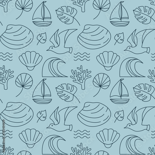 Endless pattern with outline elements and icons. Beachside leisure activities, shell, ocean gull, ship, tropical leaves on blue background.