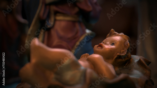 CGI Colorful Christmas Nativity set on coffee table focusing on Baby Jesus.
