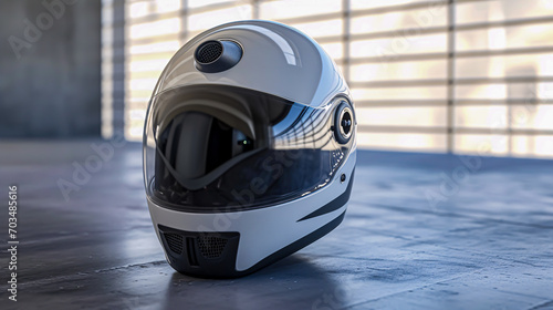 3D rendering of a white motorcycle helmet on a building floor.