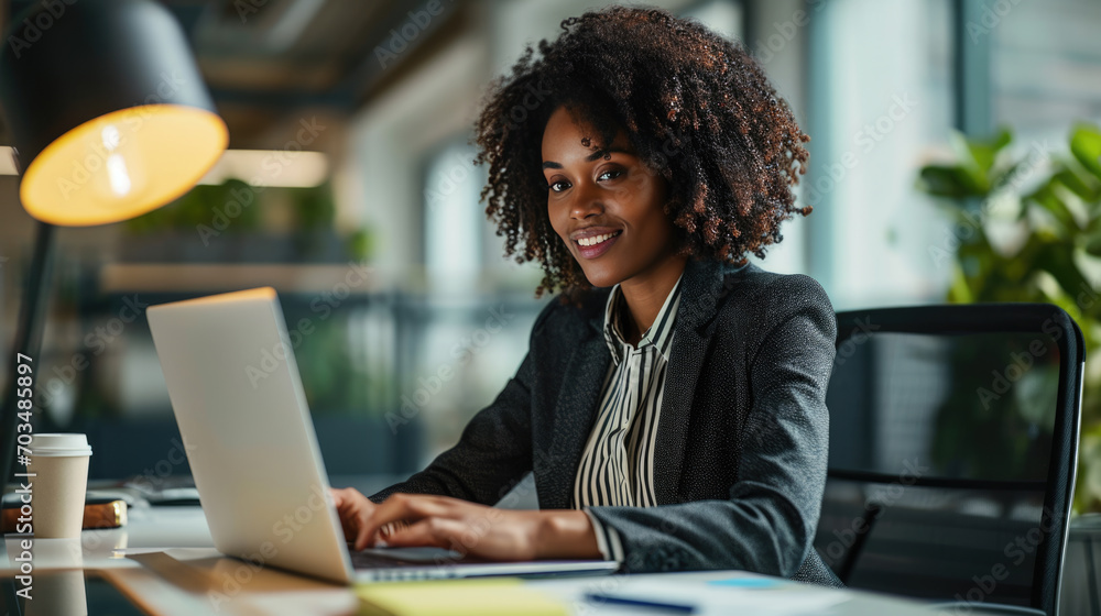 Young woman seated and smiling at the camera, with a laptop in front of her and a blurred office environment in the background Young woman seated and smiling at the camera, with a laptop in front of her and a blurred office environment in the background