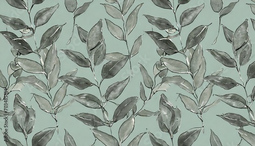 botanical seamless pattern with vintage graphic silver dollar eucalyptus leaves hand drawn illustration light green background good for production wallpapers cloth and fabric printing photo