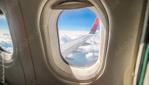 airplane interior or jet window with clouds and sky