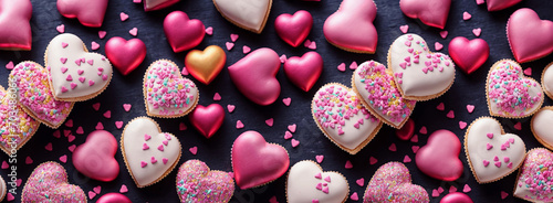 Pink and white macaroon hearts cookies, baked sweets, panoramic banner, header for  Valentines, mother's day, women's day, bakery, coffee shop,  Generative AI. photo