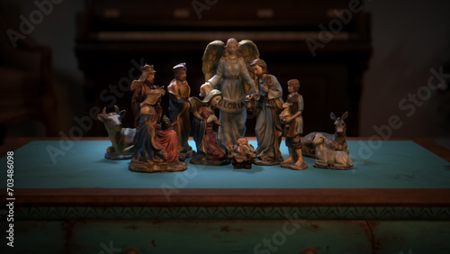 CGI Colorful Christmas Nativity set on coffee table.