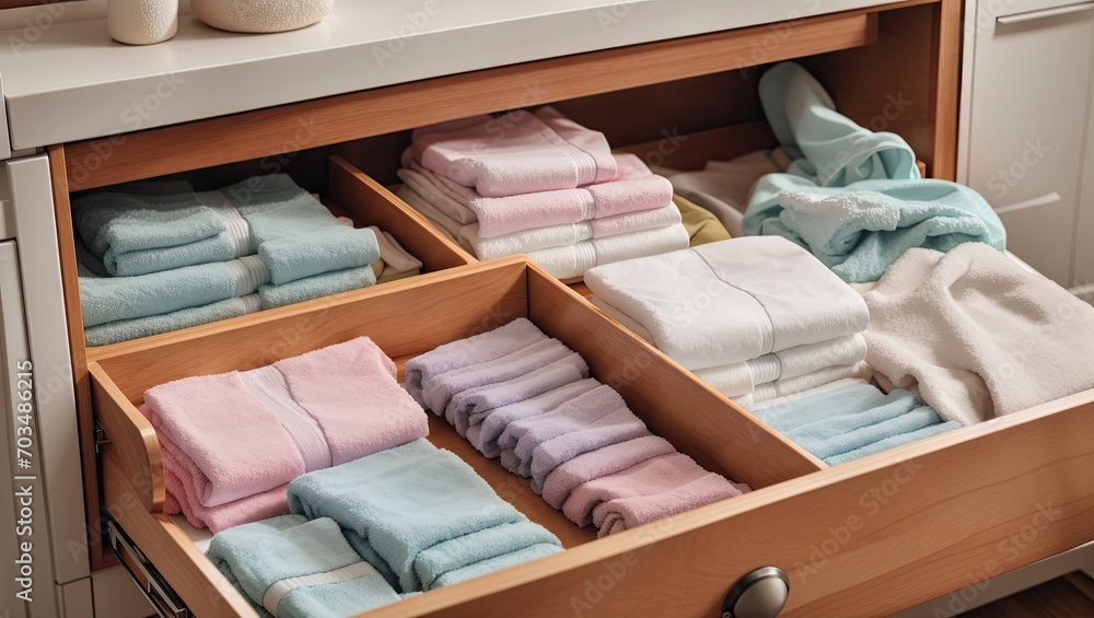 a drawer filled with folded towels and folded towels