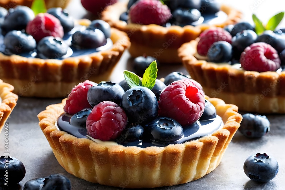Mini tarts with blue cream and fresh blueberries. Generative AI Mini tarts with blue cream and fresh blueberries. Generative AI