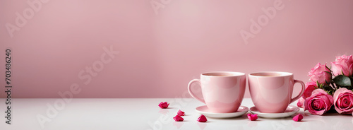 Two pink coffee cups with roses and hearts on pastel pink minimalistic background. Beautiful banner, header with copy space, empty. Valentines, mother's day, women's day. Generative AI.