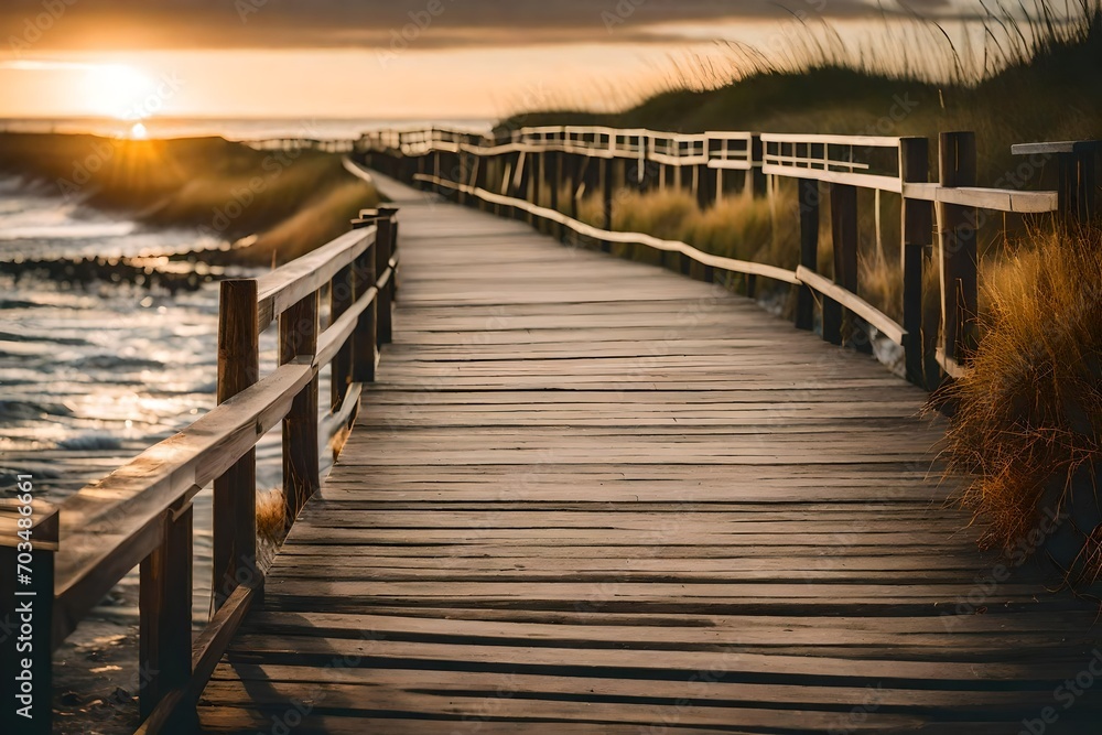 Fototapeta premium wooden pier at sunset, Boardwalk stock photo