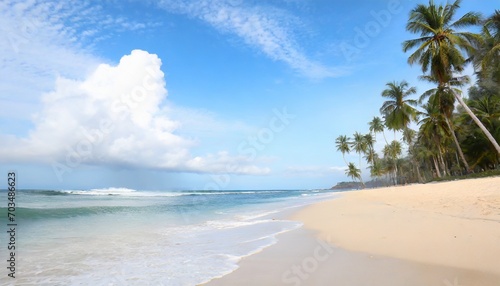 a nice beach with white sand cloud palm tree and wave © Florence