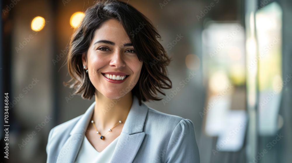 Businesswoman smiling directly at the camera with a blurred office or urban environment in the background. Businesswoman smiling directly at the camera with a blurred office or urban environment in the background.