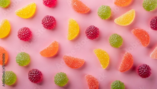 colorful gummy candies pattern on a pink background soft gums in fruit shapes viewed from above variation concept top view
