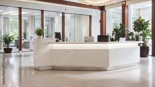 a white reception counter sitting in a lobby