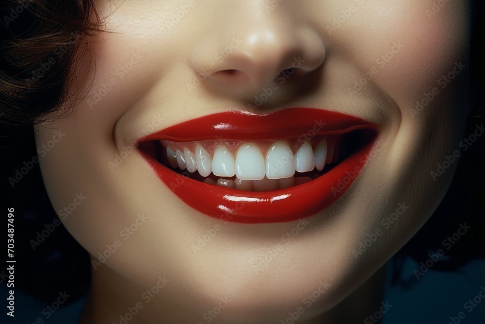 Obraz premium A young attractive woman with red lips painted with lipstick smiles a snow-white smile with perfectly even, clean and healthy teeth. Close-up view. Advertising of a dental clinic. Generative AI.