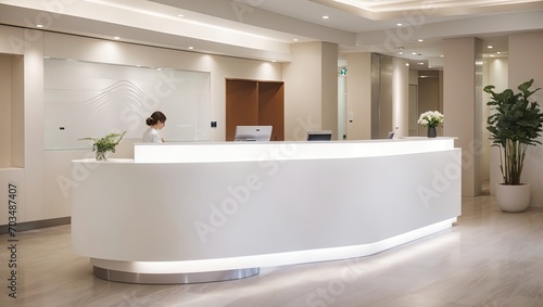 a white reception counter sitting in a lobby