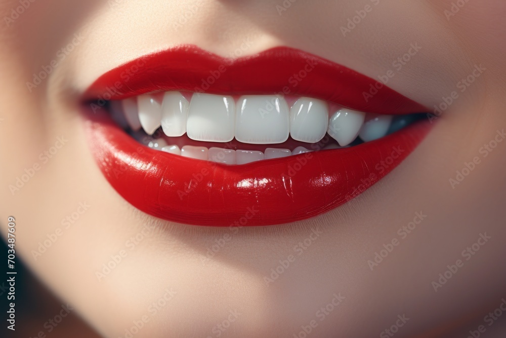 Obraz premium A young attractive woman with red lips painted with lipstick smiles a snow-white smile with perfectly even, clean and healthy teeth. Close-up view. Advertising of a dental clinic. Generative AI.