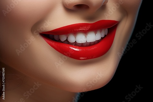 A young attractive woman with red lips painted with lipstick smiles a snow-white smile with perfectly even  clean and healthy teeth. Close-up view. Advertising of a dental clinic. Generative AI.
