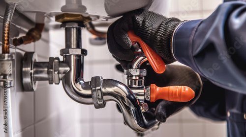 Plumber s hands using an pipe wrench to work on the chrome P-trap under a white sink