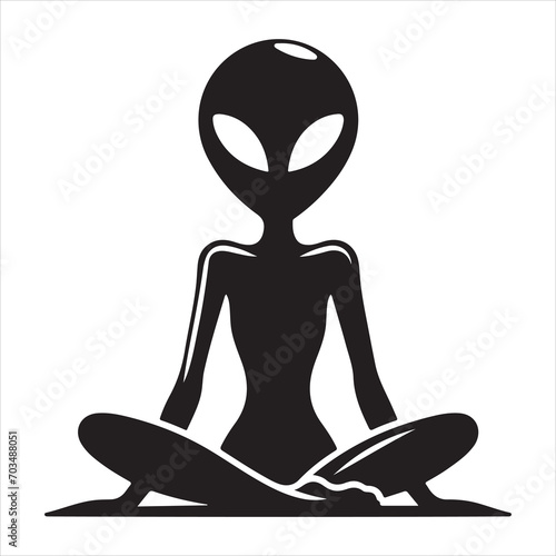 Alien vector silhouette illustration black color, Alien pose vector art, isolated white background