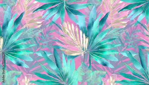 shiny tropical leaves pastel colored in turquoise mint purple pink rose gold blue watercolor 3d illustration luxury wallpaper premium high quality seamless mural pattern digital art tattoos