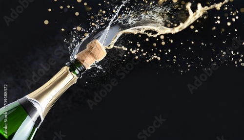 champagne bottle with cork flying with splashing liquid on black © Florence