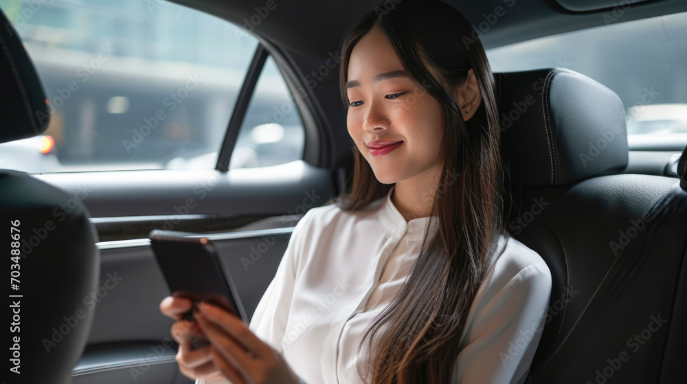 Woman is sitting in the backseat of a car, looking at her smartphone with a smile