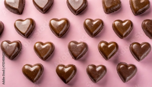 heart shapes pattern on a pink background viewed from above top view of a chocolate candy hearts
