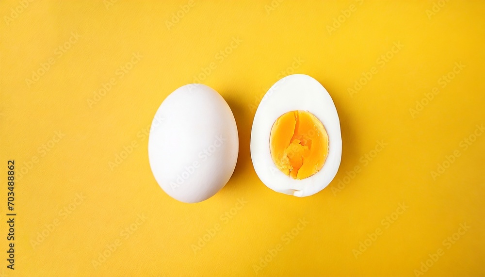 single whole white egg and halved boiled egg with yolk on a yellow background top view