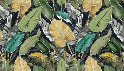 tropical exotic seamless pattern with color vintage banana leaves palm and colocasia hand drawn 3d illustration good for production wallpapers cloth fabric printing goods photo