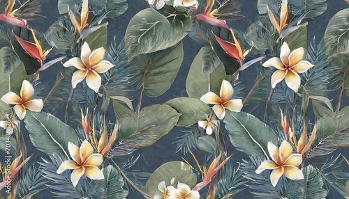 tropical seamless pattern with exotic leaves strelitzia flowers hibiscus and plumeria vintage texture floral background dark watercolor 3d illustration for luxury wallpapers tapestry mural