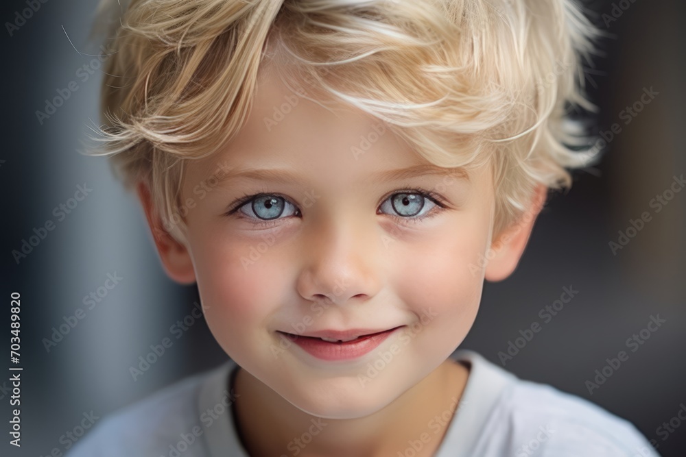 A little boy with blue eyes and curly blond hair smiles with a snow-white smile with perfectly even, clean and healthy teeth. Close-up view. Advertising of a children's dental clinic. Generative AI. A little boy with blue eyes and curly blond hair smiles with a snow-white smile with perfectly even, clean and healthy teeth. Close-up view. Advertising of a children's dental clinic. Generative AI.