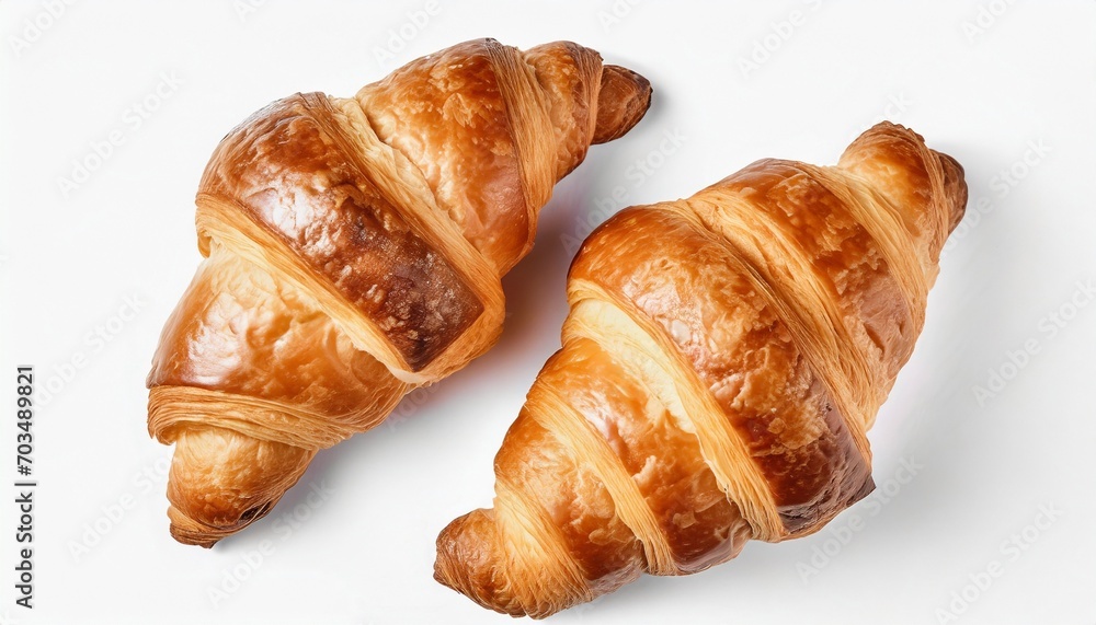 two croissants isolated on a white background viewed from above top view
