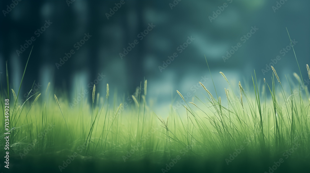 Imagen minimalista con cesped en primer plano y fondo desenfocado de un bosque en primavera 