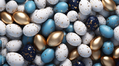 Vibrant easter egg delight: colorful blue, white, and gold speckled background - 3d render for happy easter celebration, hunt, or sale banner
