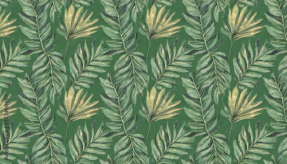 tropical exotic seamless pattern with bright palm leaves on green background hand drawn vintage illustration and texture good for production wallpapers gift paper cloth fabric printing goods