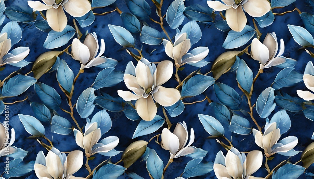 premium wallpaper mural art floral seamless pattern magnolia flowers tropical design in dark blue colors watercolor 3d illustration baroque style digital paper modern background texture - obrazy, fototapety, plakaty 